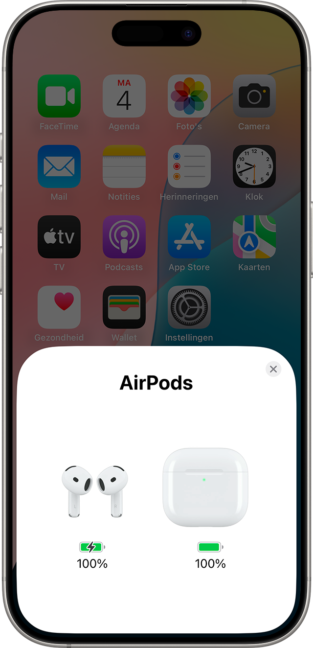 De batterijniveaus van AirPods en de oplaadcase op het beginscherm van een iPhone