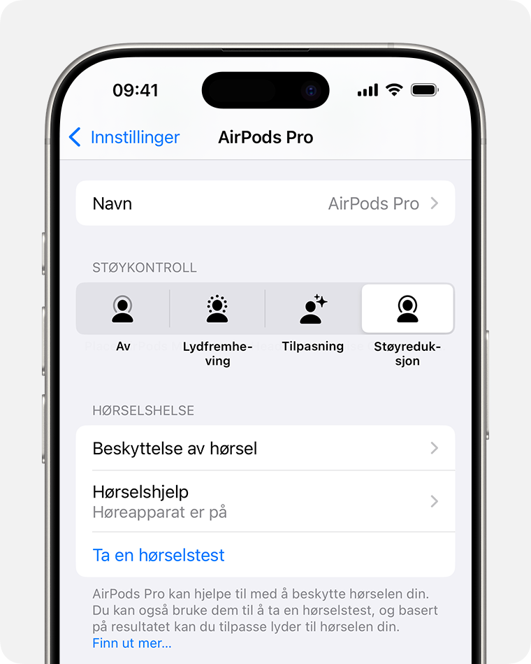 Hørselshjelp under Hørselshelse i AirPods-innstillingene på iPhone.