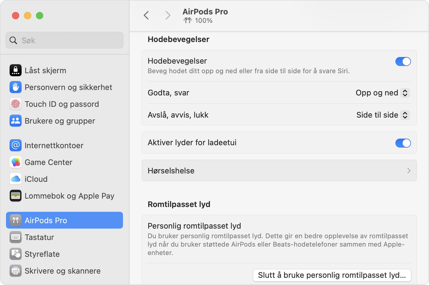 Hørselshelse i AirPods Pro-innstillingene på macOS.