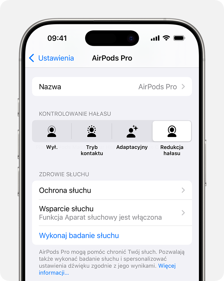 Opcja Wsparcie słuchu w sekcji Zdrowie słuchu w ustawieniach słuchawek AirPods na iPhonie.