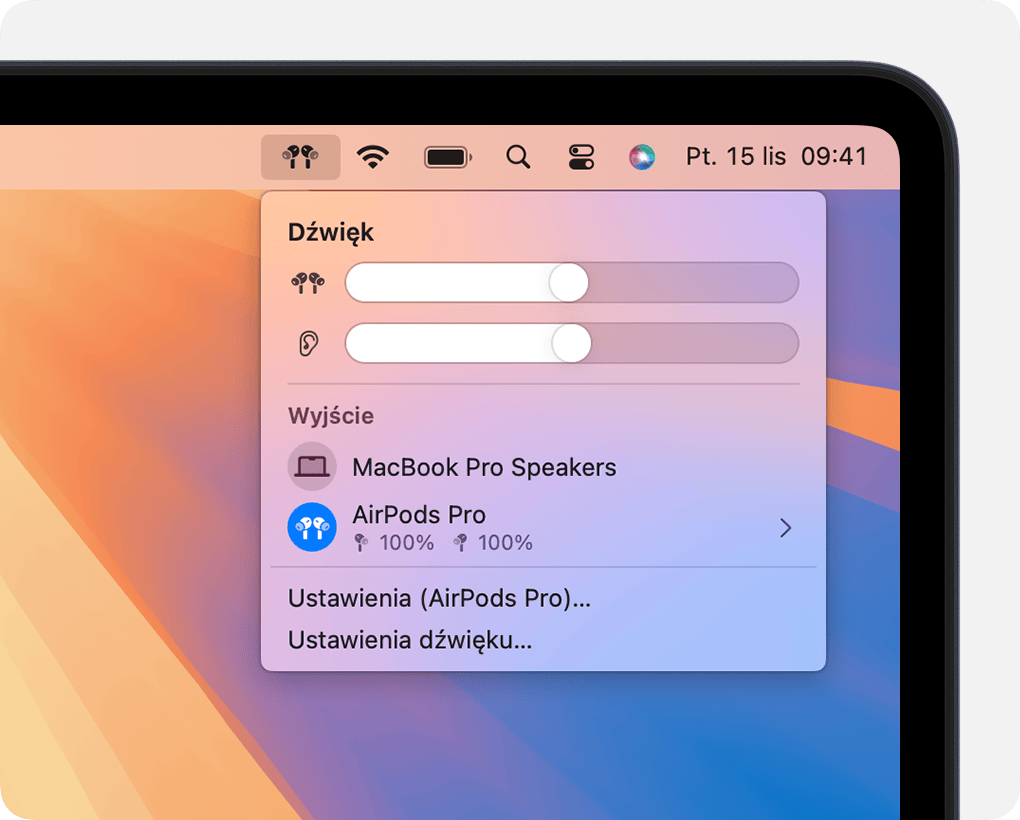 Suwaki głośności i wzmocnienia w narzędziach dźwięku na pasku menu systemu macOS