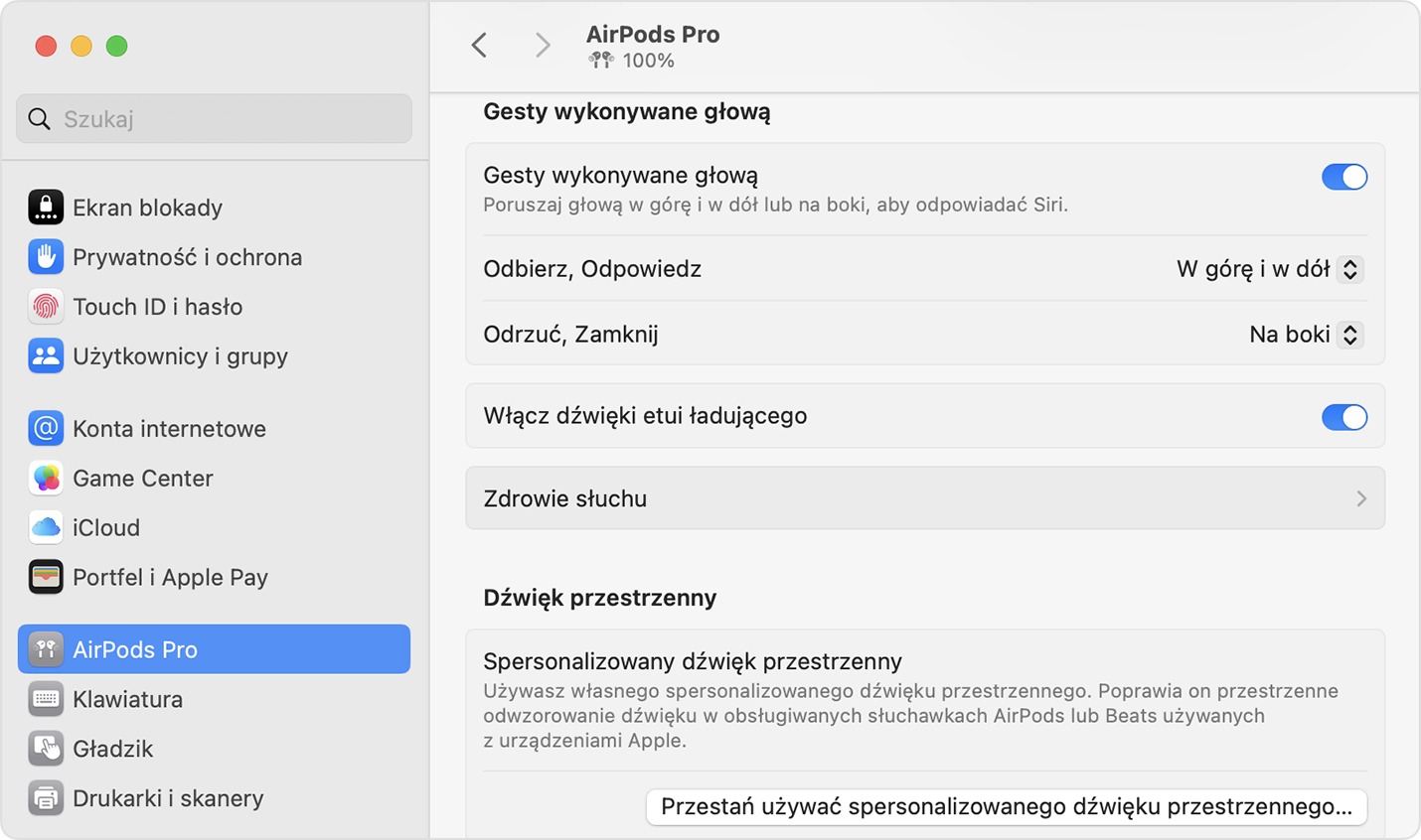 Zdrowie słuchu w ustawieniach słuchawek AirPods Pro w systemie macOS.