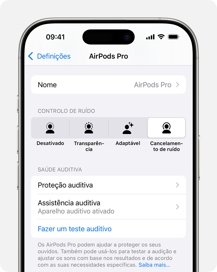 Assistência auditiva em Saúde auditiva nas definições dos AirPods no iPhone.