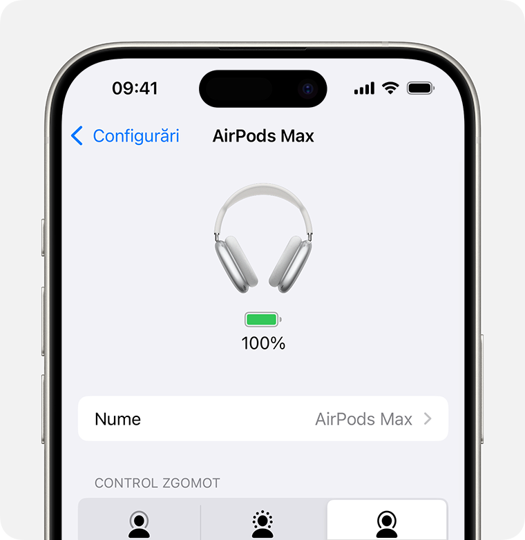 Nivelul bateriei căștilor AirPods Max în aplicația Configurări de pe iPhone.