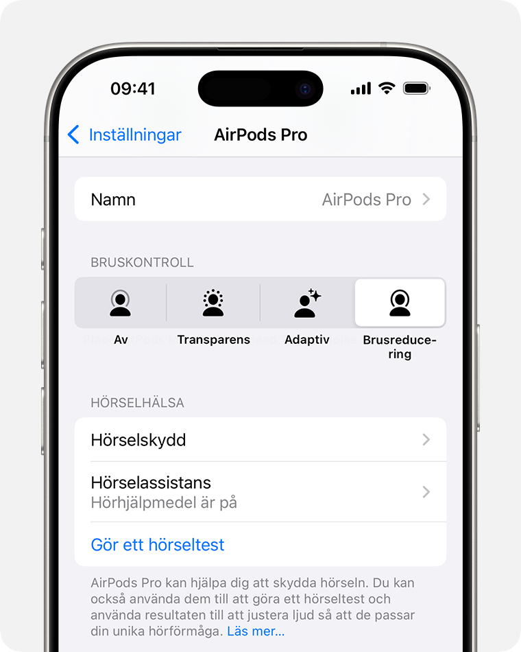 Hörhjälpmedel under Hörselhälsa i inställningarna för AirPods på iPhone.