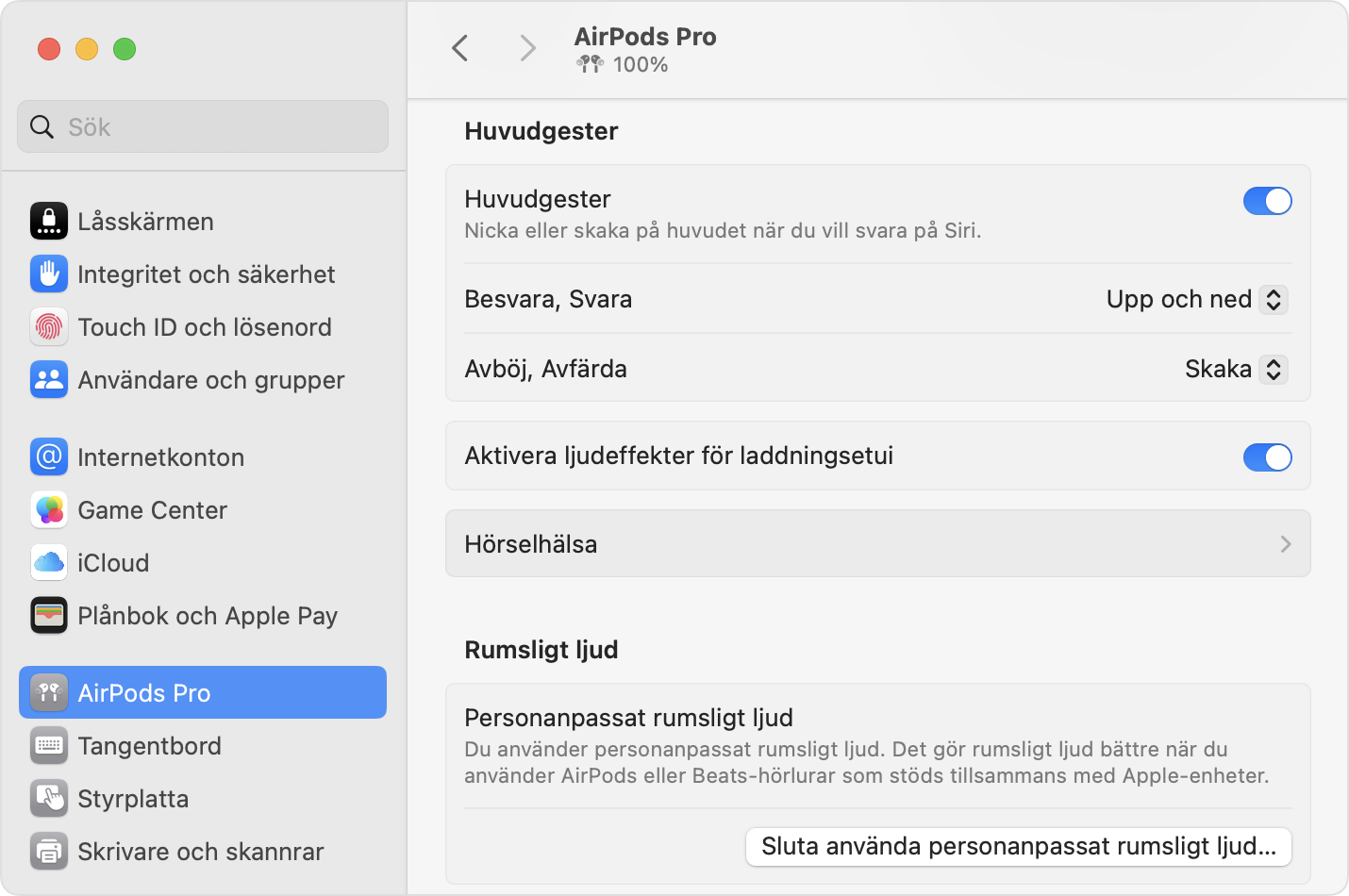 Hörselhälsa i inställningarna för AirPods Pro i macOS.