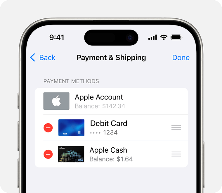 An iPhone showing the Payment & Shipping settings. To remove a payment method, tap it and then tap Remove.