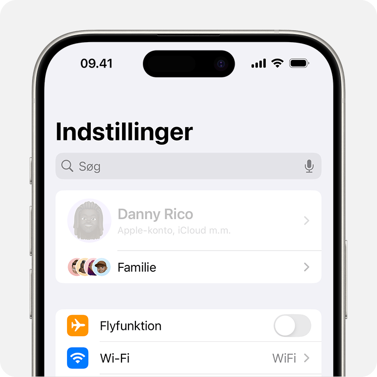 En iPhone, der viser ejerens navn nedtonet øverst i Indstillinger.