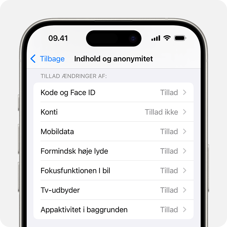 En iPhone, der viser de begrænsninger for indhold og anonymitet, du kan aktivere i Skærmtid.