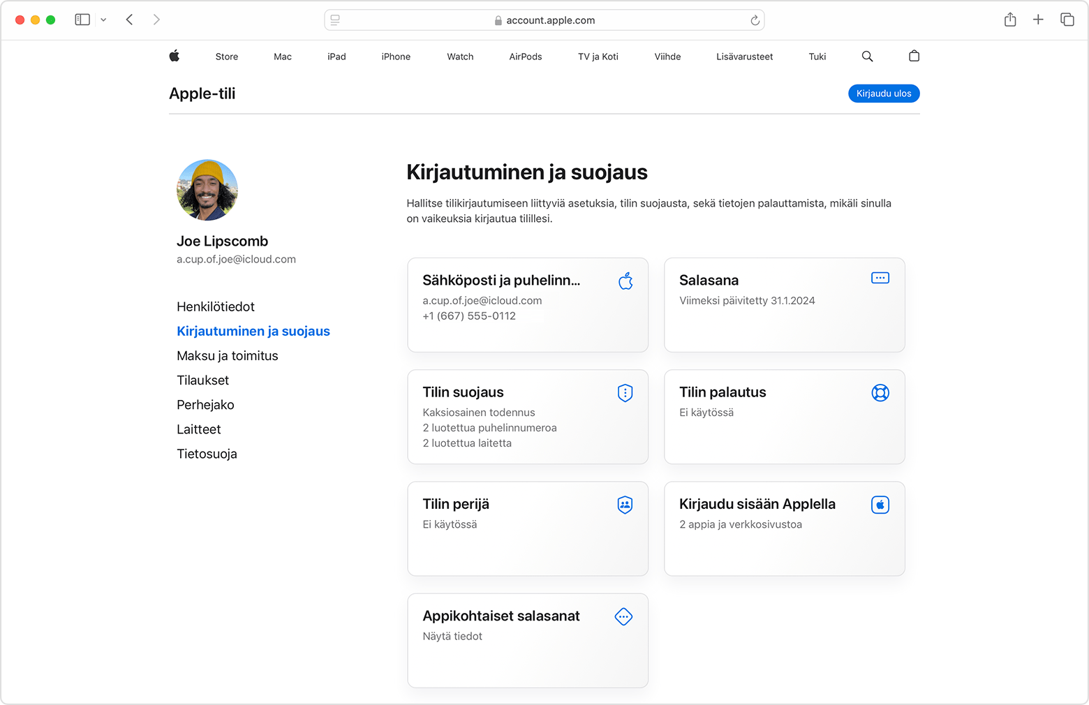 Apple-tili-sivu verkossa, jossa näkyy Kirjautuminen ja suojaus -osio