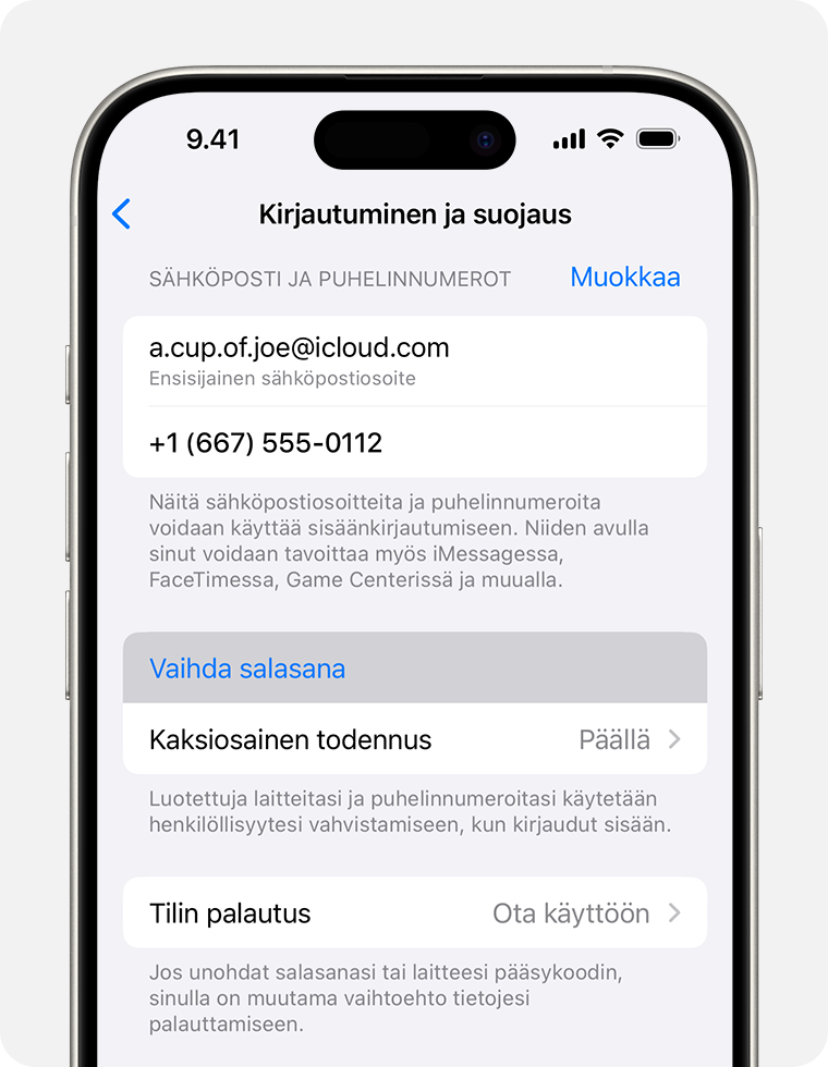 iPhonen näyttö, jossa Kirjautuminen ja suojaus -kohta ja salasanan vaihtaminen ovat näkyvissä