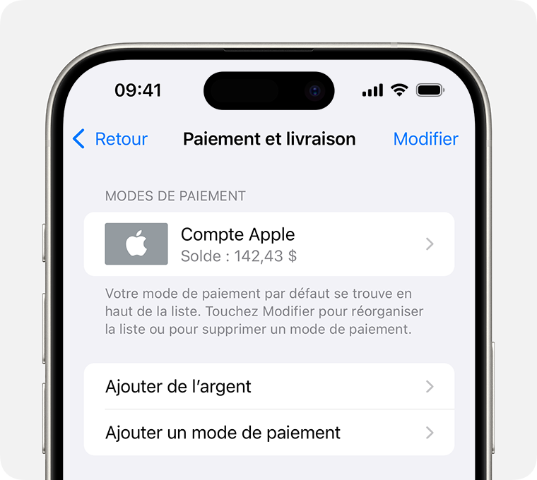 Un écran d’iPhone qui affiche les réglages Paiement et livraison pour le compte Apple. Pour ajouter un mode de paiement, touchez Ajouter un mode de paiement.