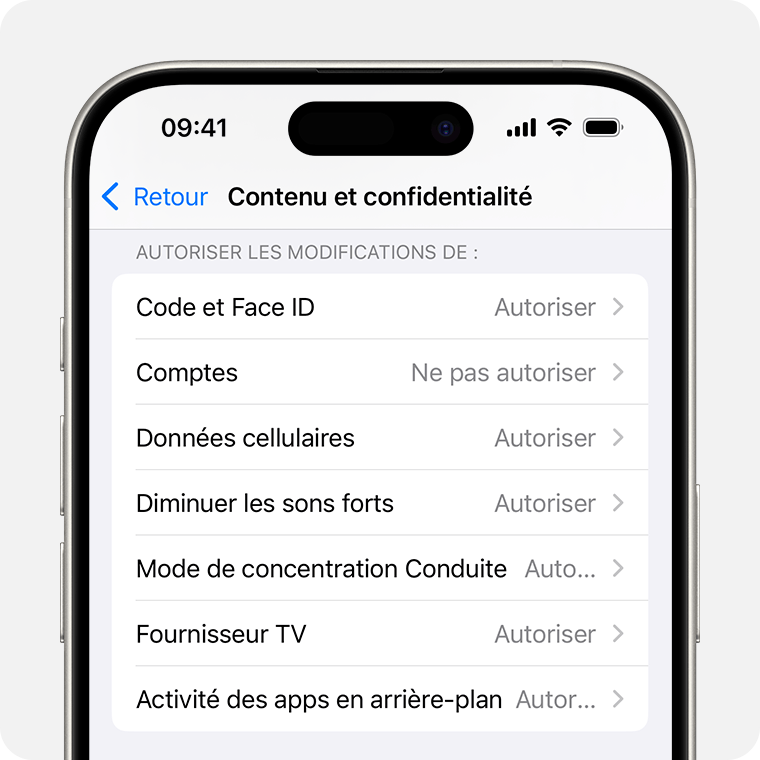 Un iPhone affichant l’option Restrictions relatives au contenu et à la confidentialité que vous pouvez activer dans Temps d'écran.