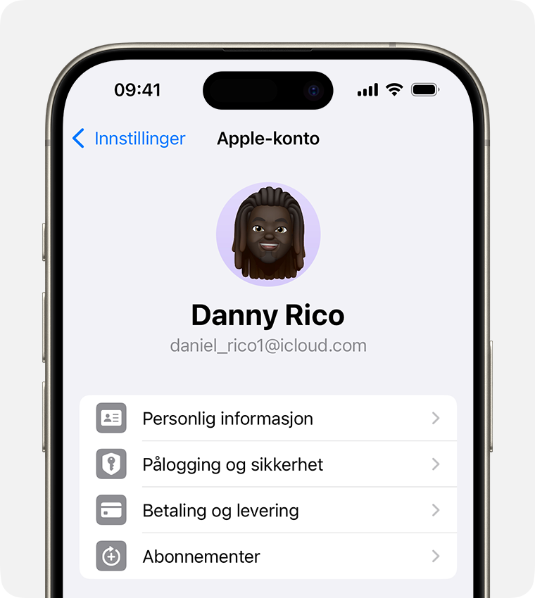 Apple-kontoinnstillinger i Innstillinger-appen på iPhone.