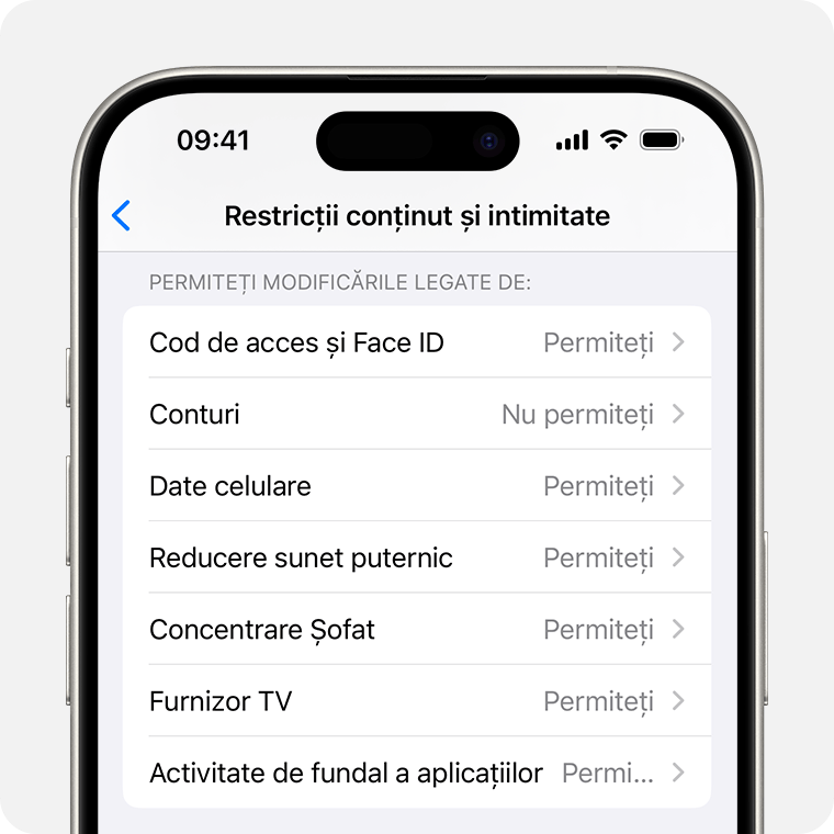 Un iPhone care afișează restricțiile de conținut și intimitate pe care le poți activa în Timp de utilizare.