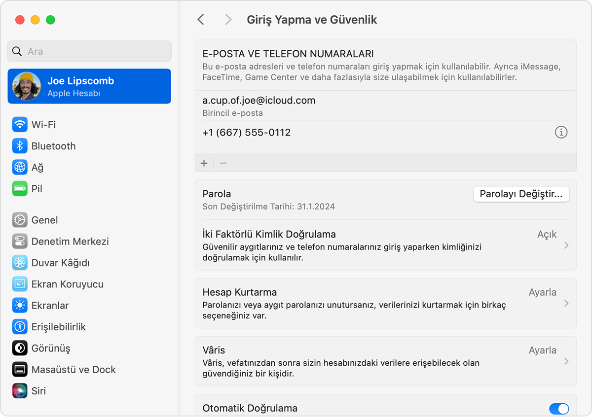Mac'teki Apple Hesabı ayarlarında, Apple Hesabınıza giriş yapmak için kullanabileceğiniz e-posta adreslerini ve telefon numaralarını bulun
