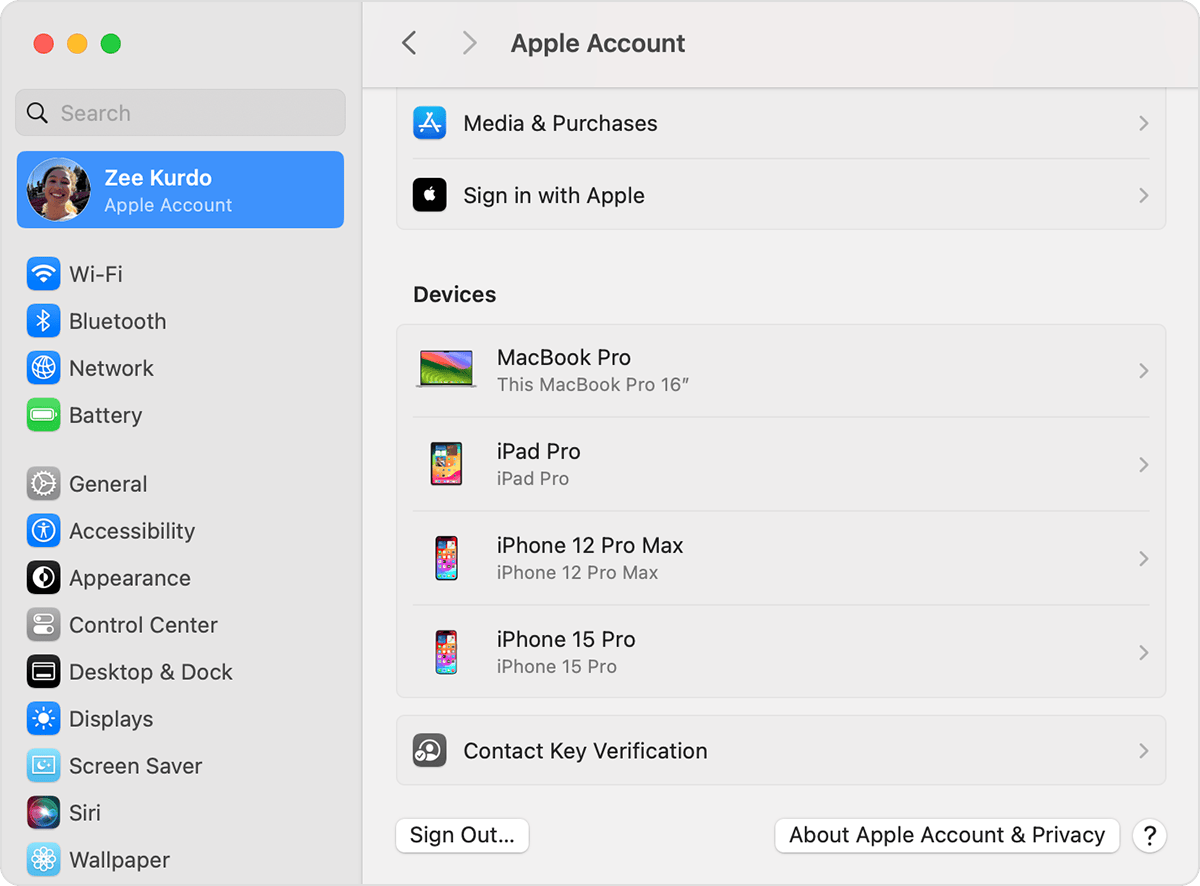 The Sign Out button is at the bottom of your Apple Account Settings in macOS.