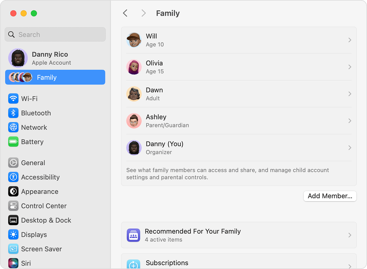 macOS screen showing the steps for adding a member to your Family Sharing Group.