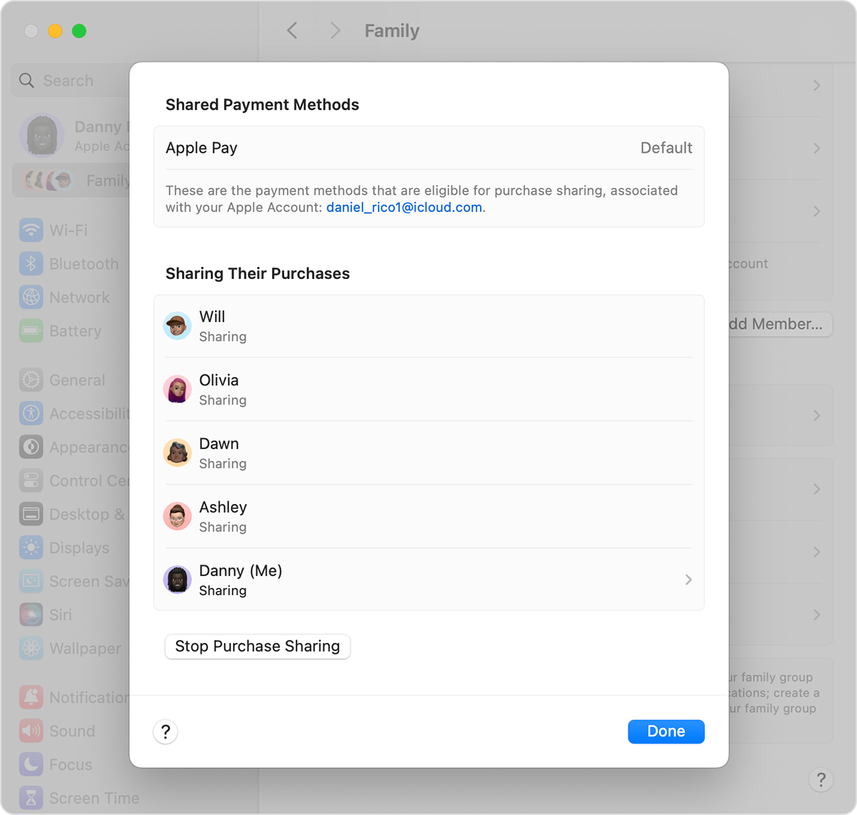 Mac screen showing the shared payment methods for Purchase Sharing.