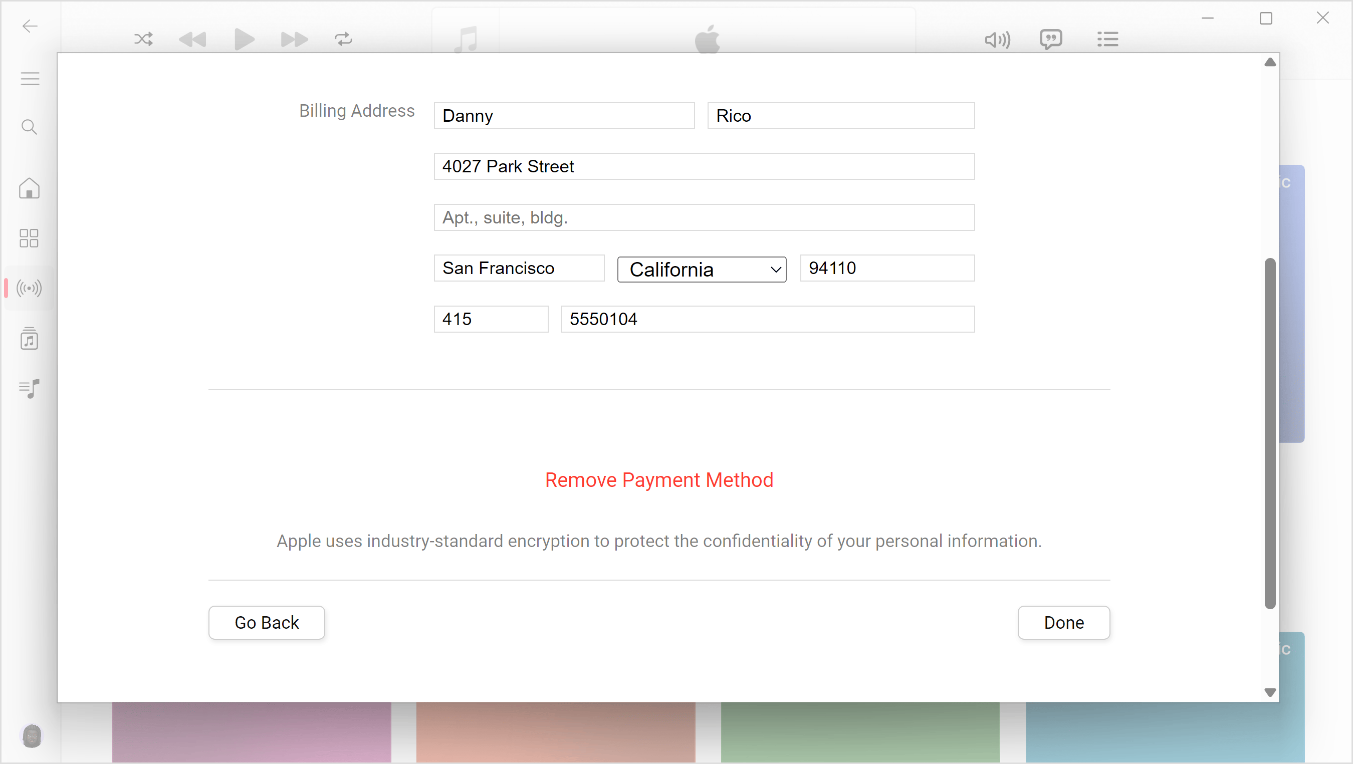 A Windows screen showing the Edit Payment Information settings in the Apple Music app. To remove your Payment Method, click Remove Payment Method at the bottom of the screen.