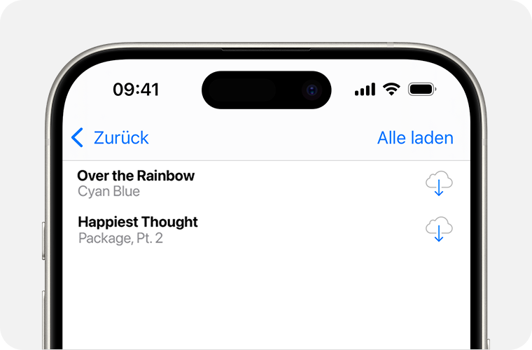 Eine iPhone mit einer Liste von Titeln, die du erneut laden kannst. Die Download-Taste befindet sich auf der rechten Seite. Hierbei handelt es sich um eine Wolke mit einem nach unten weisenden Pfeil in der Mitte.