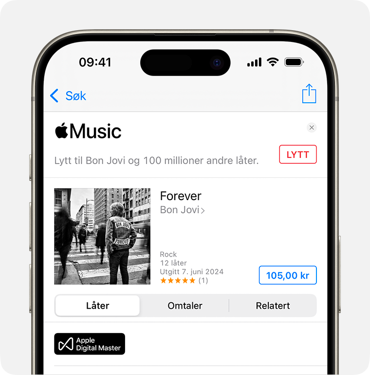 Kjøpsskjerm for Forever av Bon Jovi i iTunes Store. Kjøpeknappen er til høyre på skjermen. Det er prisen på albumet i en blå rute. 