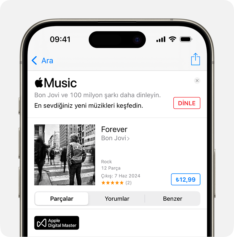 iTunes Store'da Bon Jovi'nin Forever parçasının Satın Al ekranı. Satın Al düğmesi ekranın sağ tarafındadır. Mavi kutunun içindeki tutar albümün fiyatıdır. 