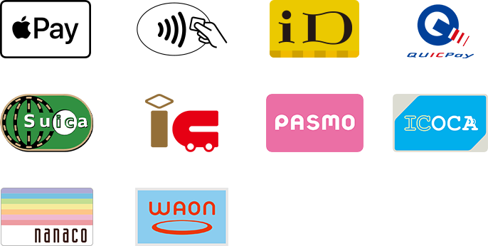 Apple Pay mark, EMV contactless payment symbol, iD mark, QUICPay logo, Suica badge, IC mark, PASMO mark, ICOCA mark, Nanaco mark, and Waon mark