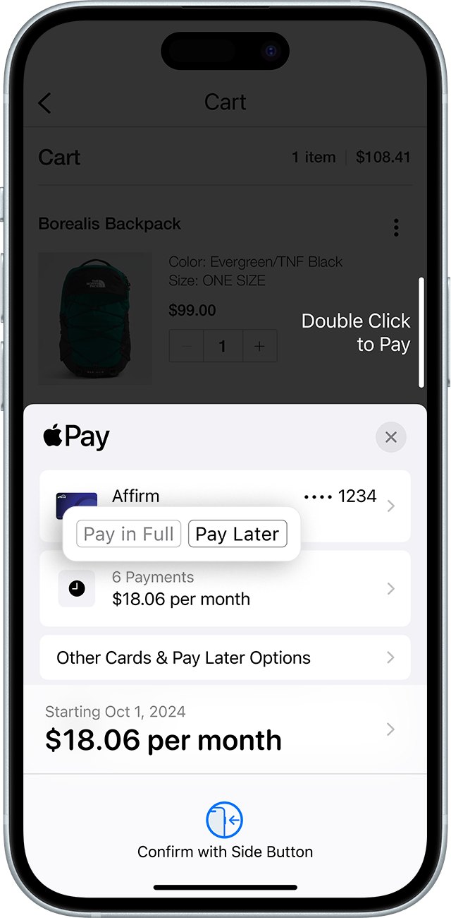 "Pay in Full" and "Pay Later" hints on the selected payment card.