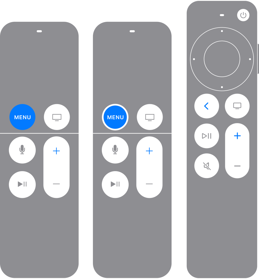 뒤로(또는 MENU) 버튼과 음량 높이기 버튼이 파란색으로 강조 표시된 Apple TV Remote