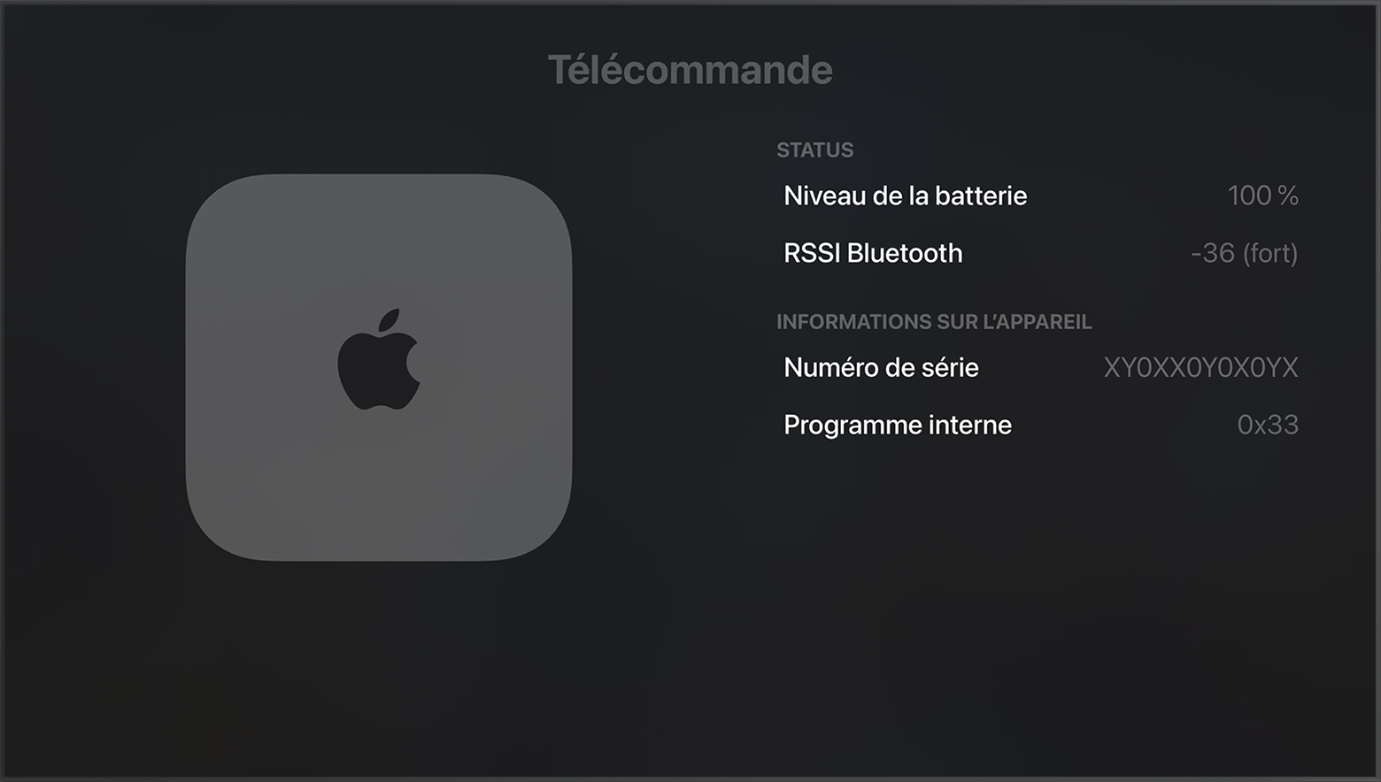 RSSI Bluetooth dans les réglages de l’Apple TV, indiquant la force du signal Bluetooth