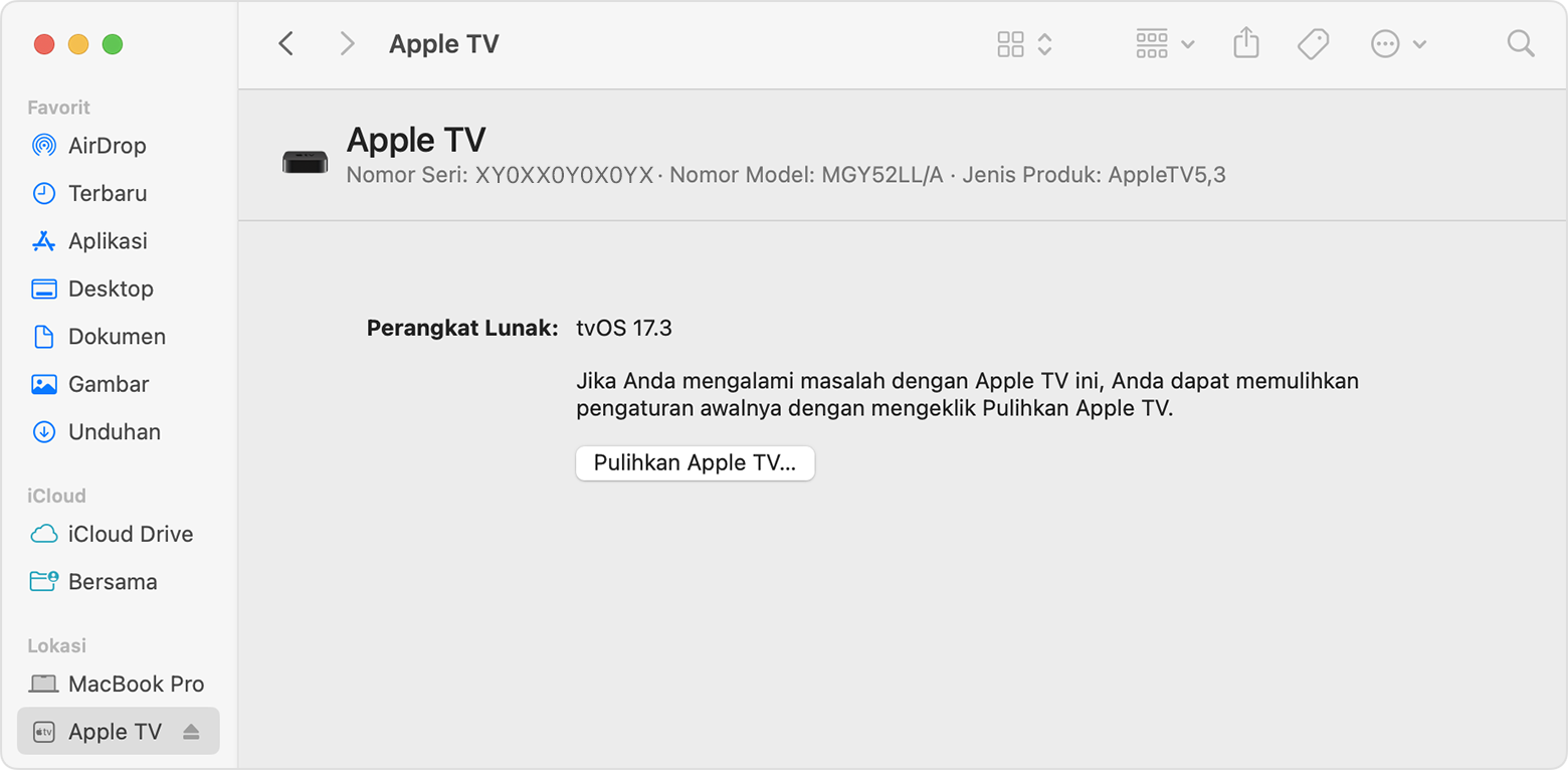 Jendela pemulihan Apple TV yang ditampilkan saat terhubung ke macOS