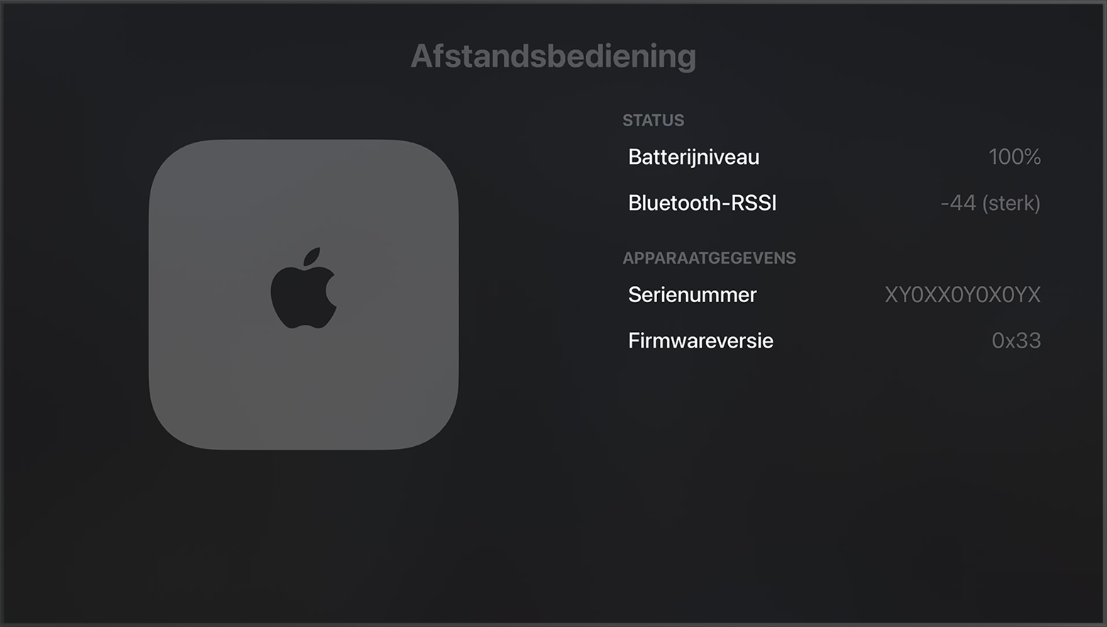 'Bluetooth-RSSI' in de Apple TV-instellingen toont de Bluetooth-signaalsterkte