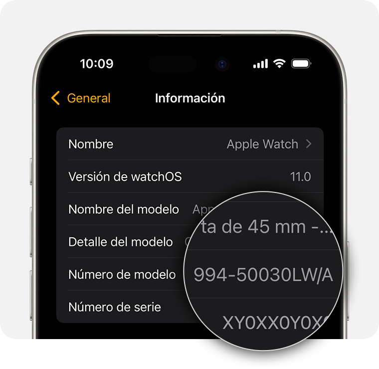 Pantalla de iPhone que muestra la configuración general del Apple Watch