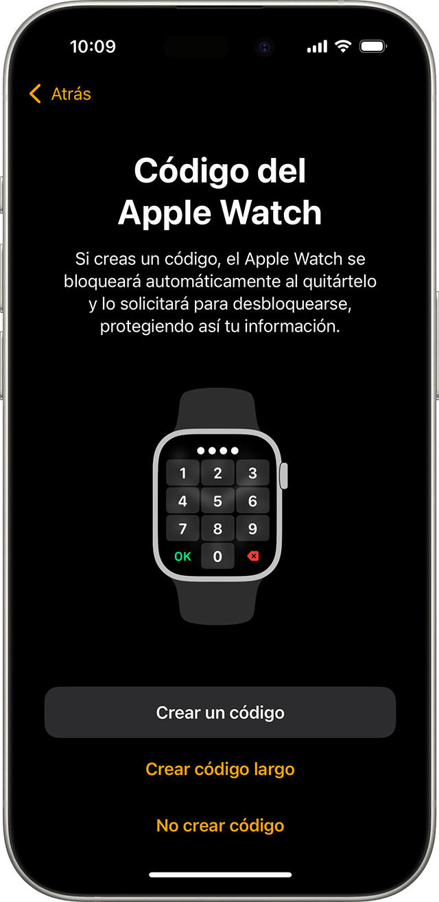 Pantalla de configuración del código del Apple Watch