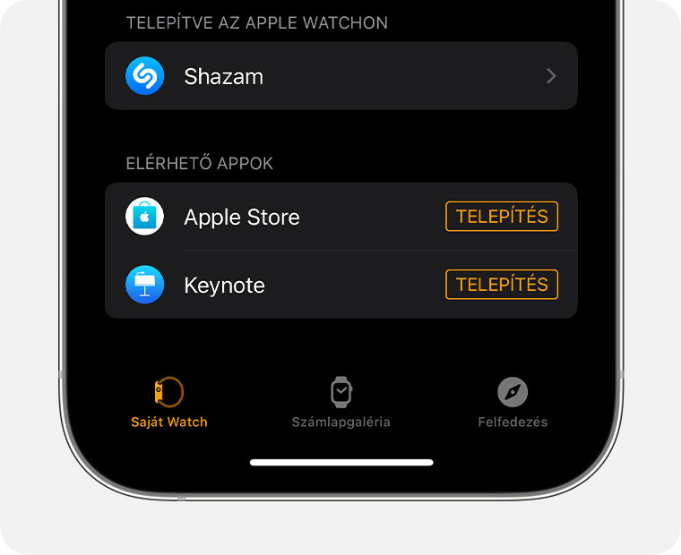 Egy iPhone képernyője, amelyen a Watch alkalmazás látható