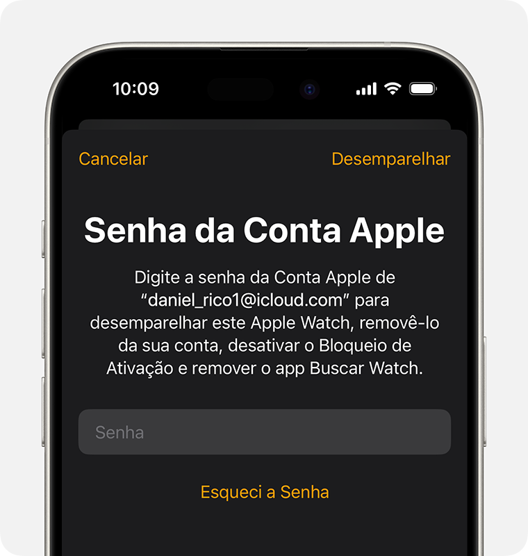 Aviso para inserir a senha da Conta Apple para desativar o Bloqueio de Ativação.