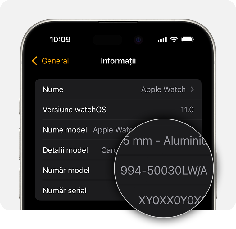 Ecran iPhone care afișează configurările generale pentru Apple Watch