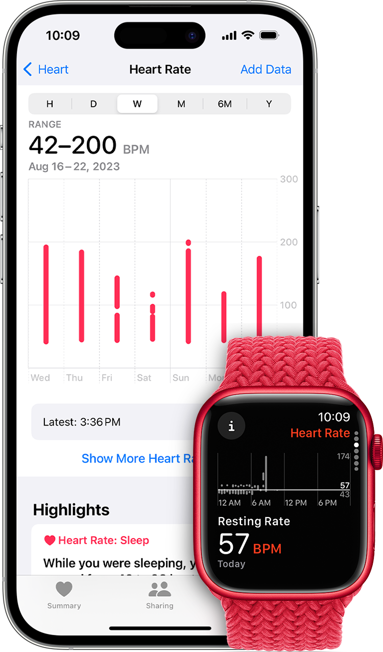 An iPhone that shows a graph of heart rate data for the week and an Apple Watch that shows a resting rate of 57 beats per minute.