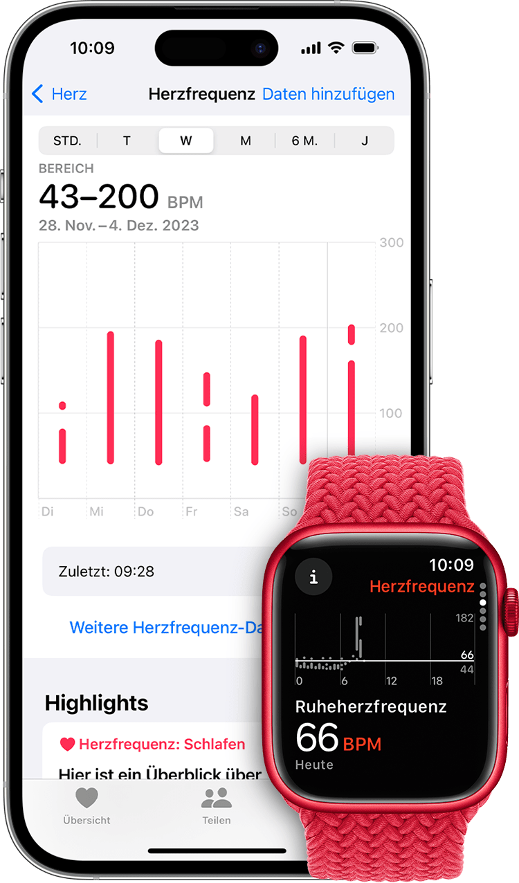 Ein iPhone, das ein Diagramm der Herzfrequenzdaten für die Woche anzeigt, und eine Apple Watch, die eine Herzfrequenz von 57 Schlägen pro Minute im Ruhezustand anzeigt.