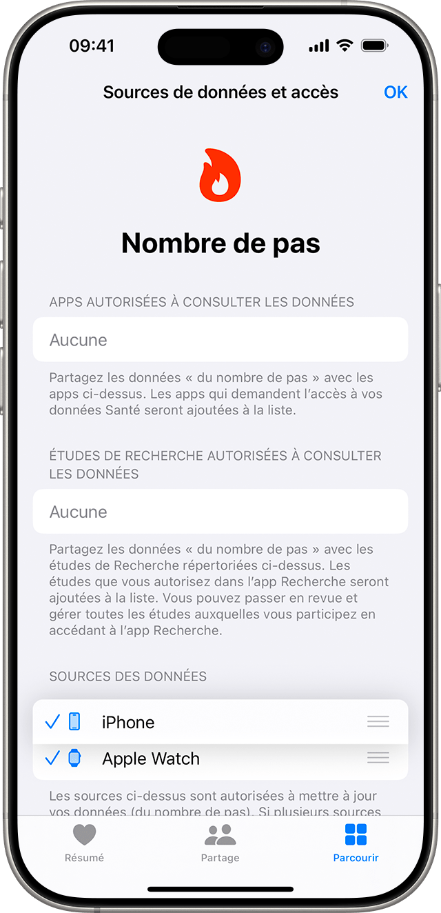 iPhone affichant un écran où les sources de données peuvent être réordonnées