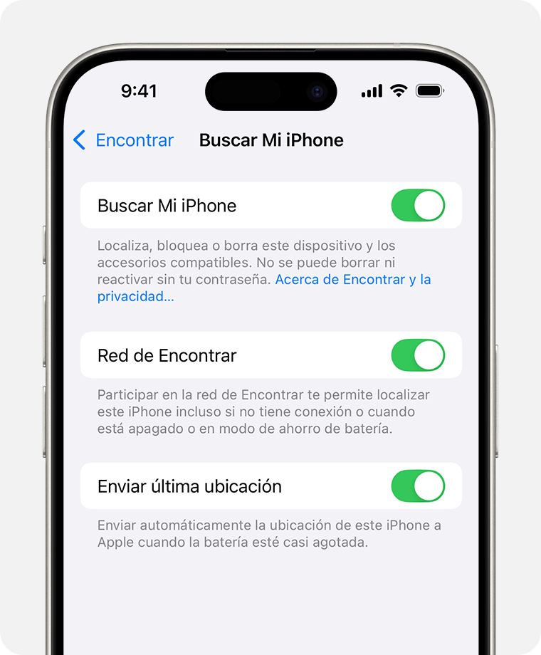 Pantalla del iPhone que muestra la configuración de Encontrar