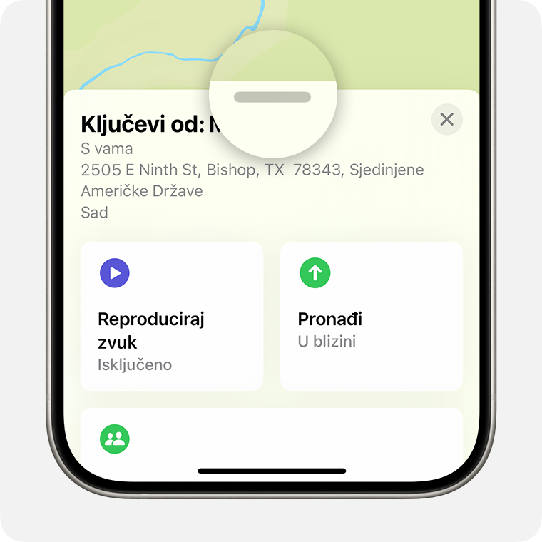 Nakon što dodirnete predmet ili uređaj u aplikaciji Pronalaženje, prijeđite prstom prema gore da biste vidjeli više opcija.