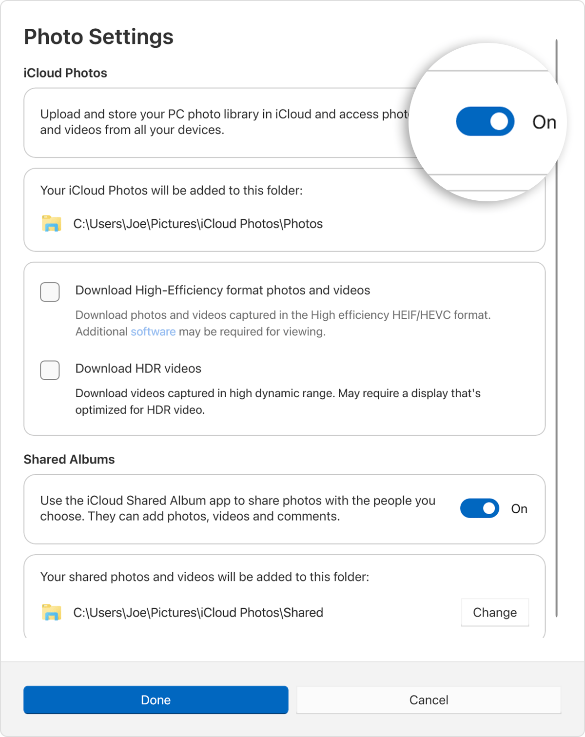 قم بتشغيل مفتاح التبديل أسفل "Photo Settings" (إعدادات الصور)، "صور iCloud"‏.