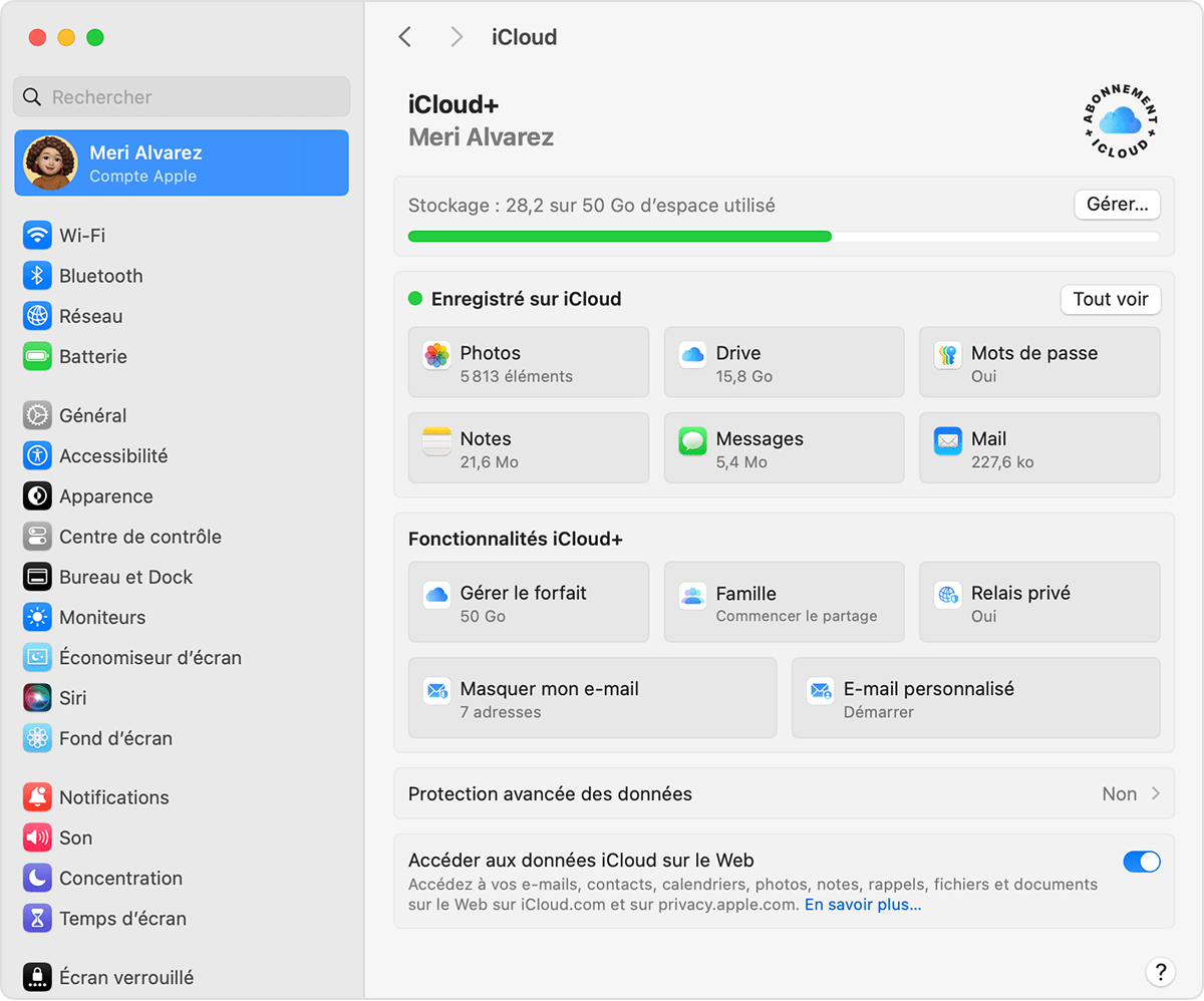 Dans les réglages iCloud sous macOS, Drive se trouve dans la section Enregistré sur iCloud.