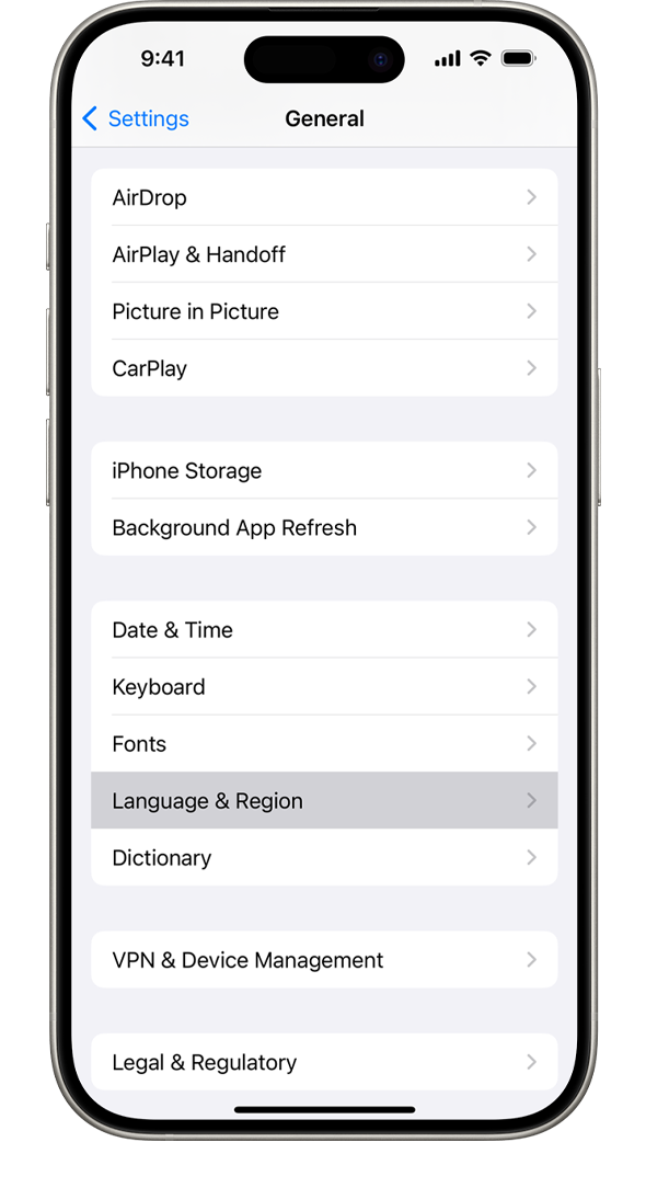 An iPhone showing the General settings menu, with the Language & Region option highlighted.