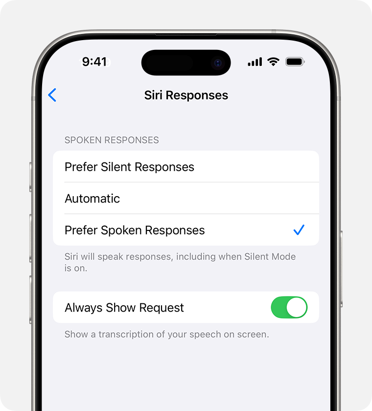 Siri Responses screen with "Prefer Spoken Responses" selected and the option turned on for "Always Show Request"