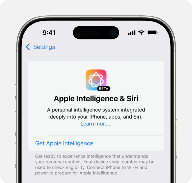 In iPhone Settings, tap Get Apple Intelligence to start downloading Apple Intelligence models.