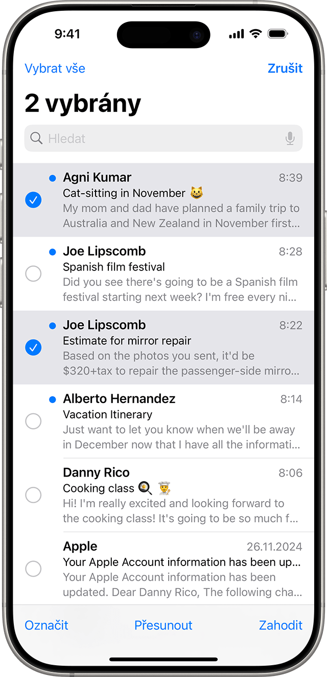 V Mailu na iOS můžete smazat několik e-mailů najednou.