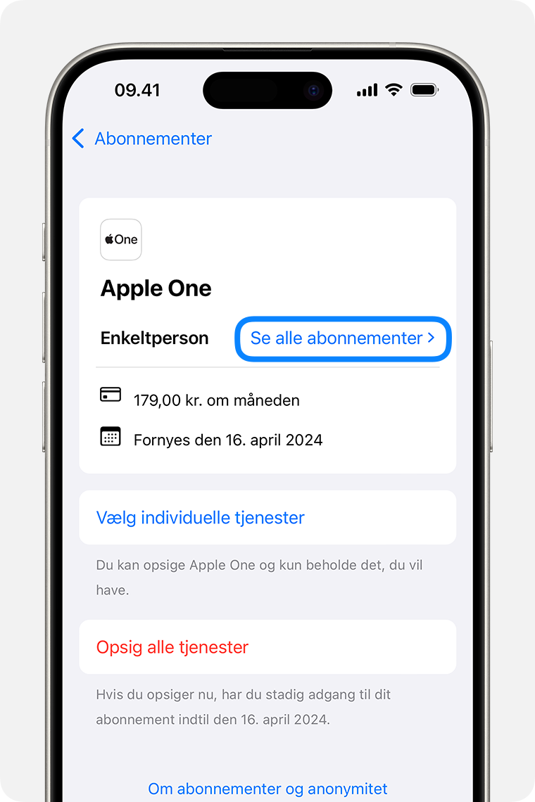 En iPhone 15 Pro med visning af skærmen Abonnementer. Hvis du vil se de tilgængelige planer for et abonnement, skal du trykke på Se alle planer.